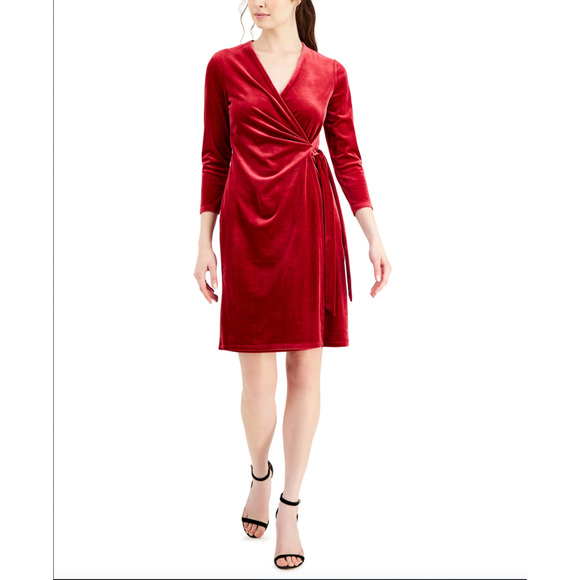 ANNE KLEIN Velvet Wrap Dress Small Titian Red V Neck Pullover Holiday NWT - Picture 2 of 13